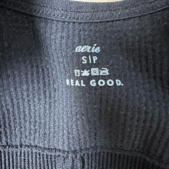 Aerie Ribbed Short Sleeve Cropped Scoop Neck Black Crossover Back Tee Top S - Picture 5 of 5